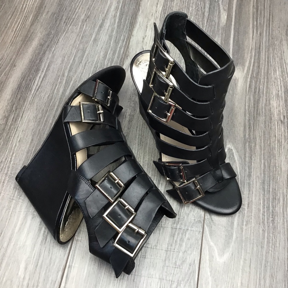 Vince Camuto Martez Buckle Wedge Heels Size 9 Genuine Black Leather